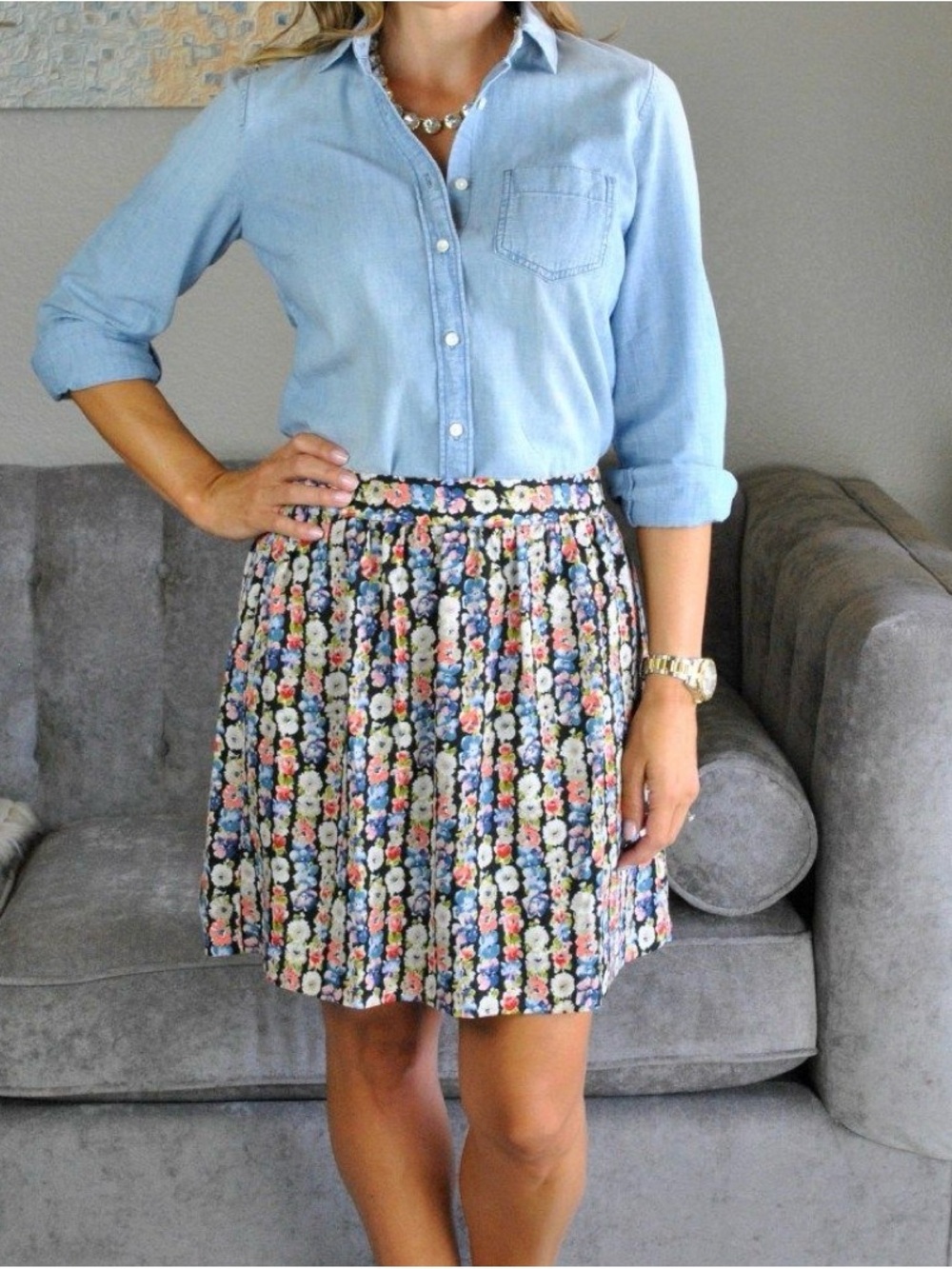 J. Crew Navy Floral Pleated Skater Skirt